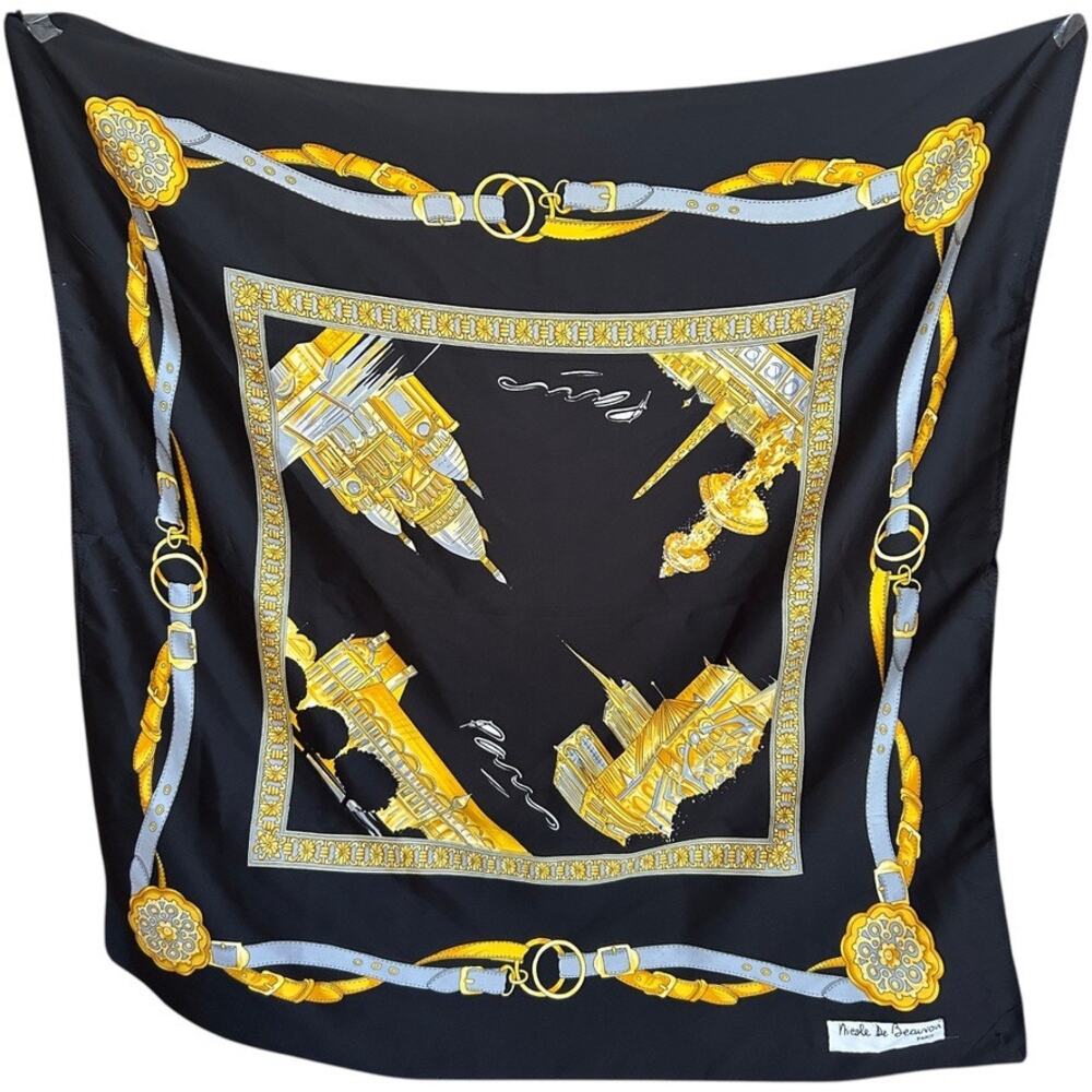 Vintage Nicole De Beauvoir Paris Silk Scarf Black Gold